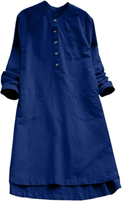 iQKA Women Plus Size Cotton Linen Button Down Shirt Dress Long Sleeve Casual Loose Pockets Mini Tunic Dress Large Blue
