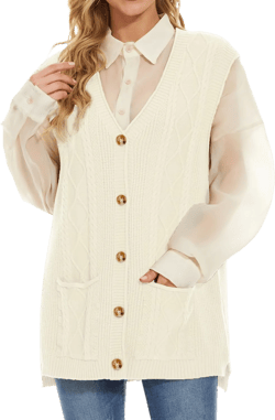 Hyipels Women's Sweater Vest,Long Cable Loose Knitted Sleeveless V Neck Casual Sweaters Tank Top S~XL Large 4 Cream