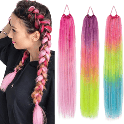 Ponytail Extension Colored Braided Ponytail Extension with Hair Tie, Ombre Straight Braiding Ponytail with Sparkling Tinsel, 26" Synthetic Hairpiece for Women Kids Girls Pony Tails Hair Extensions(Col 26 Inch 8