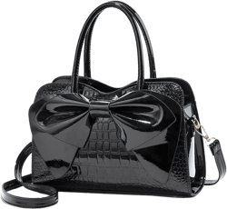 Shiny Women Handbag Patent Leather Bowknot Purse Charm Glossy Top-Handle Satchel Tote Fashion Shoulder Bag Black