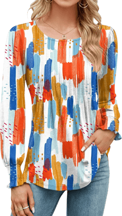 LOMON Women's Fall Puff Long/Short Sleeve Tunic Tops Pleated Crew Neck Shirts Blouses Casual Loose T-Shirts