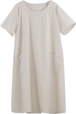 FTCayanz Women's Linen Shirt Dresses Summer Casual Short Sleeve Plaid Tunic Midi Dress Medium Beige