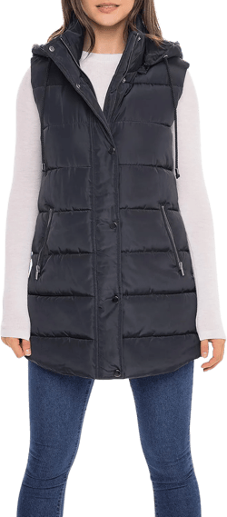 Sebby S.E.B Women's Long Puffer Vest, Quilted Faux Down Filled Hooded Vest for Fall and Winter Large Black