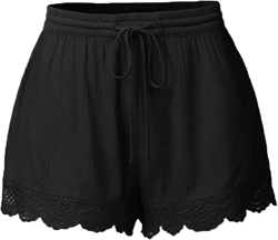 Shorts for Women Summer Casual Workout Shorts Lace Drawstring Athletic Shorts Beach Elastic Waist Shorts with Pockets 01- Black 3X-Large