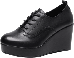 Women's Platform Dress Shoes Lace Up Wedges Comfortable Retro Brogue Oxfords Waterproof High Heel Lady Office Shoes