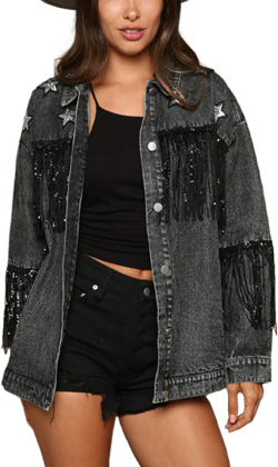 Fringe Detail Long Sleeve Denim Jacket