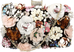 Women's Floral Evening Clutch Bag - Colorful Flower Handbag with Metal Rhinestones Black