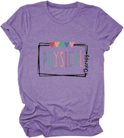 Physical Therapy T-Shirt for Women Physical Therapist Appreciation Shirts Heart Graphic Tee Short Sleeve Tops Purple W Black Print X-Large