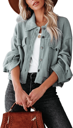 Waffle Knit Buttons Cropped Jacket with Pockets