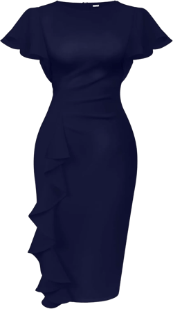 Memoriesea Women's Vintage Church Ruffle Sleeve Ruched Bodycon Work Midi Pencil Dress Small Navy Blue