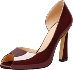 Joseywade Peep Toe High Heels for Women Stiletto Heel Pumps Slip-On Open Toe 4 Inch Flare Heel Dress Shoes 8 Patent Burgundy
