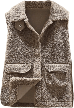 oiangi Sherpa Vest Women 2024 Winter Casual Fleece Lightweight Fall Warm Button Down Lapel Sleeveless Vest Coat with Pockets Khaki Large