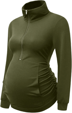 DEBELLY Maternity Shirt with Pocket Women's Lapel Top Casual Pregnancy Long Sleeve Zipper Hoodie X-Large Army Green