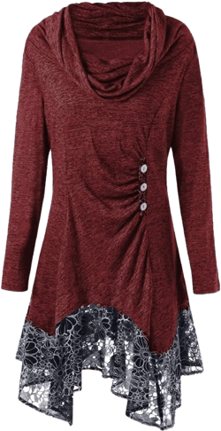Andongnywell Women's Long Sleeve Scoop Neck Button Side Asymmetrical Dress Lace Flowy T Shirt Dresses (Red Wine,Medium)