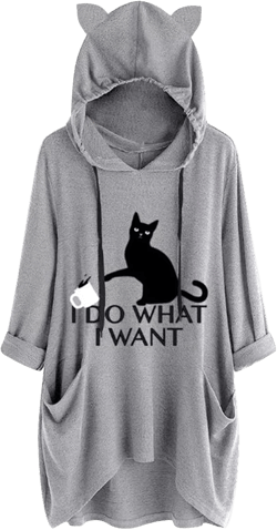 Gesaofa I Do What I Want Cat Graphic Hoodies for Women Irregular Hem 3/4 Sleeve Cat Ear Hooded Tunic Tops with Pockets Medium Gray