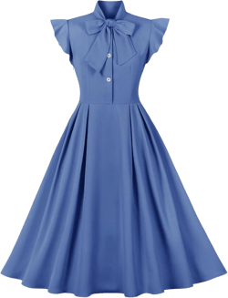 1950s Dresses for Women Vintage Rockabilly Retro Short Sleeve Tie Midi Dress Cocktail Party Evening Prom Gown Medium Blue Cap Sleeve Dress