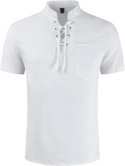 Men's Casual Linen Shirt Short Sleeve Beach Yoga Tops Lace Up V Neck Shirts Traditional Retro Short Sleeve Shirts Large White