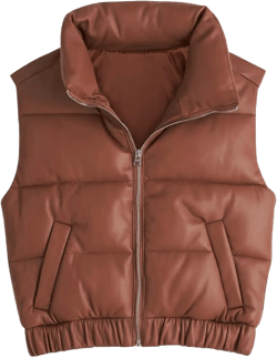Fisoew Womens Faux Leather Puffer Vest High Stand Collar Zip Up Sleeveless Winter Cropped Jacket Gilet XX-Large Brown