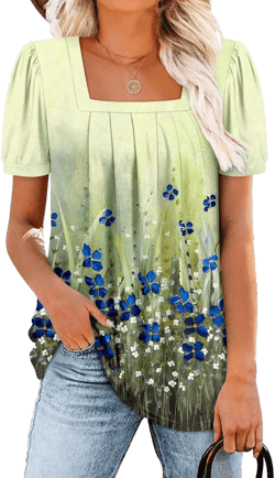 BETTE BOUTIK Womens Summer Tops Short Sleeve Pleated Square Neck Tunics Shirts Blouses S-3XL 4-blue Orchid Small