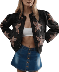 OPCAKM Women's Cropped Puffer Jacket Lightweight Flower Embroidery Quilted Outerwear Coats Small Black