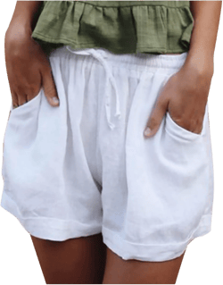 Womens Summer Cotton Linen Shorts Elastic Waist Solid Drawstring Short Loose Fit Casual Cute Comfy Shorts with Pocket X-Large A01_white