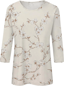 Womens 3/4 Sleeve Tops and Blouses Dressy Casual Floral Print Crewneck Tshirt Tunic Tops Loose Shirts Graphic Tees 37-beige Large