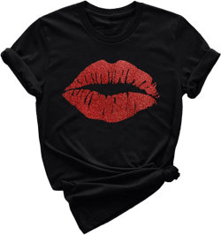 Oversized Shirts for Women Valentine's Day Red Lip Print Pullover Tops Crew Neck Short Sleeve Fashion Graphic Tee Shirts Gifts for Girlfriend (A07 Black,M)