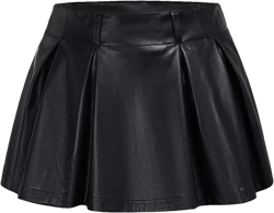 SweatyRocks Women's PU Leather A Line Mini Skirt Flared Hem Pleated Skirts with Shorts X-Small Black