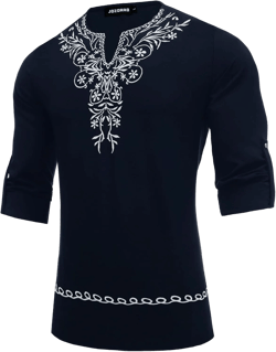 JoZorro Mens Polyester Linen V Neck Henley Shirt Long Sleeve Caftan Handmade Tunic Embroidered Casual Beach T Shirts Navy Blue Large