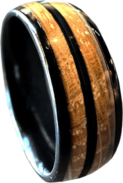 BW James Jewelers "The Blue Grass Kentucky Bourbon Whiskey Barrel Black Ceramic Ring - Handcrafted Men's Wedding Band with Wood Inlay - Polished Finish Engagement Anniversary Promise Band Sizes 7-16 8.5