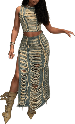 KANSOON Skirt Sets Women 2 Piece Outfits Denim Ripped Distressed Sleeveless Crop Tank Tops and Split Maxi Skirt Set XX-Large Blue