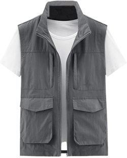 keusyoi Men Vest Solid Color Outdoor Cargo Vest Loose Thin Multi-Pocket Vest Male Utility Vest Sleeveless Jacket Waistcoat
