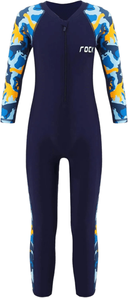 Hansber Kids Boys Girls One Piece Swimsuit Long Sleeve Printed Rash Guard Shirts for Summer Seaside Vacation 7-8 Years Navy Blue