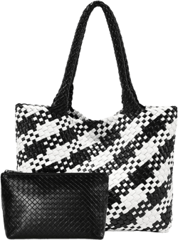 Woven Leather Handbag - Large Tote Bag for Women - Fashion Vegan Leather Tote Black With White