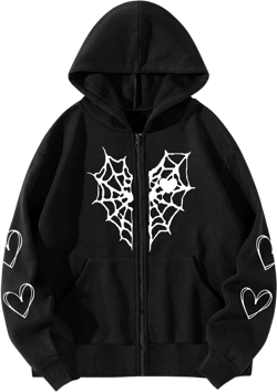 Women Y2K Spider Web Love Heart Hoodies Punk Jacket Coat Streetwear Goth Harajuku Oversized Zip Up Hooded Sweatshirt Large Black