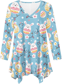 POLERO Women's Long Sleeve Tunic Dress Shirt Irregular Hem V Neck Blouses Casual Tops S-6XL Easter Eggs Bunny Print 4X-Large
