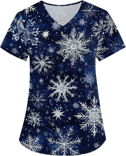Christmas Scrubs Plus Size Scrub Tops for Women Holiday Cute Fun Prints V-Neck Medical Nursing Uniforms with Pockets 1-royal Blue 3X-Large