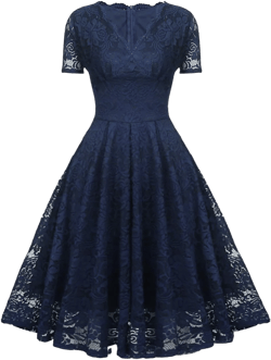 SEBOWEL Women Floral Lace V Neck Short Sleeve Formal Dress Swing A-Line Wedding Bridesmaid Cocktail Party Midi Dresses Navy Blue Medium