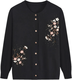 Middle-Aged Mother Embroidered Cardigan Knitting Flower Printing Knitwears Spring Grandma's Autumn Sweater Coat 3X-Large Black