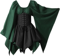 Renaissance Dress Short Women Plus Size Lace Up Corset Skirt Flare Sleeve Elf Dress Medieval Halloween Outfits A1-ag Medium
