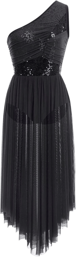 ODASDO Women Lyrical Dance Costume Morden Contemporary Dancewear One Shoulder Sequin Mesh Tulle Flowy Leotard Dress X-Small Black