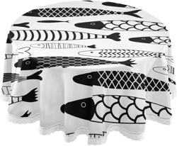 Oyihfvs Seamless Geometric Dark White Fishes Tribal Ethnic Style Round Lace Tablecloth, Washable Circular Macrame Table Cloth Cover for Kitchen Dinner Party Tabletop Decor 60"x 60" 60"x 60" Multi 17