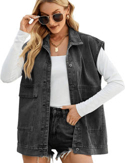 Huaqiao Womens Denim Vest Mid long Jacket Jean Sleeveless Vest with Pockets Large Black