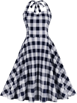 Women 50s 60s Vintage Sleeveless Cocktail Swing Dress 1950s Polka Dot Floral Audrey Rockabilly Prom Party Dress with Belt XX-Large Navy Plaid