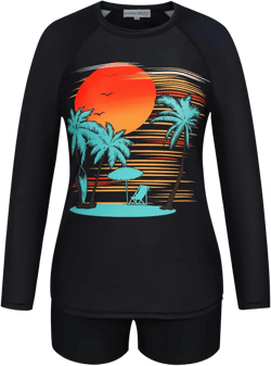 Hanna Nikole Women's Plus Size Two Piece Swimsuits Long Sleeve Rashguard Sun Protection Shirt Tankini Swimsuit Coconut Palm 14 Plus at Amazon Women’s Clothing store
