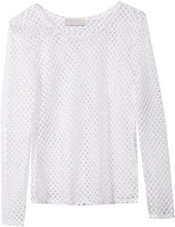 Women's Long Sleeve Fishnet Mesh T Shirt Sexy See Through Muscle Y2K Top Clubwear X-Large White#4