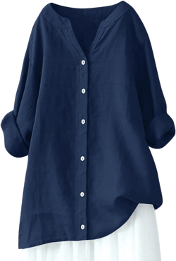 Spring Cotton Linen Tops for Women Loose Fit Plus Size Button V Neck Tunic Shirt Summer Long Sleeve Blouse J021 Navy X-Large