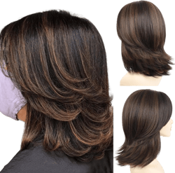 SEVENCOLORS Brown Layered Bob Wig With Bangs - Short Dark Brown Wavy Synthetic Hair for White Women - Medium Length With Highlights