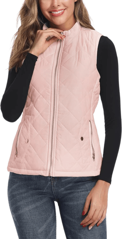 LONGKING Women's Vest, Stand Collar Lightweight Zip Quilted Vest for Women Apricot Pink Large