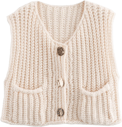 Womens Crop Knit Sweater Vest Top Gold Button Down Crochet Vest Sleeveless Chunky Sweater Cardigan with Pockets Small Beige